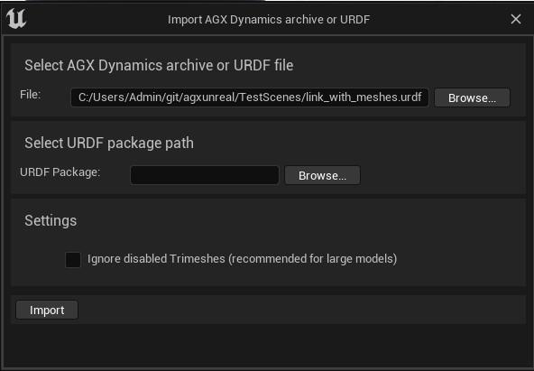 Selecting URDF package path directory.