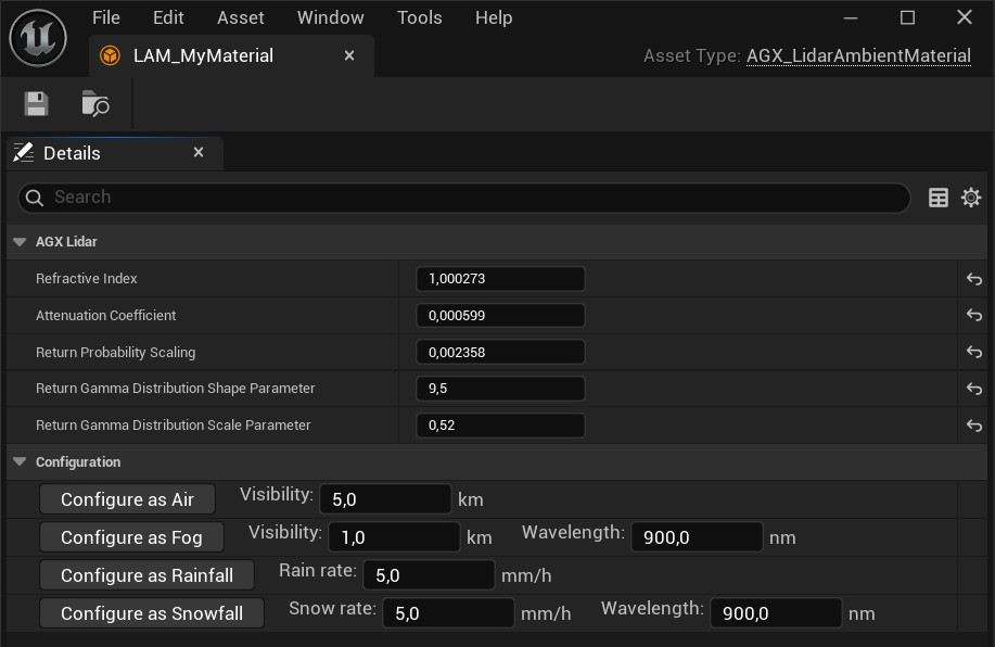Configure a Lidar Ambient Material Asset as Air, Fog, Rainfall or Snowfall from the Details Panel.