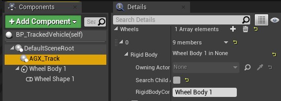 A Track Wheel's Details panel with a Rigid Body reference assigned.